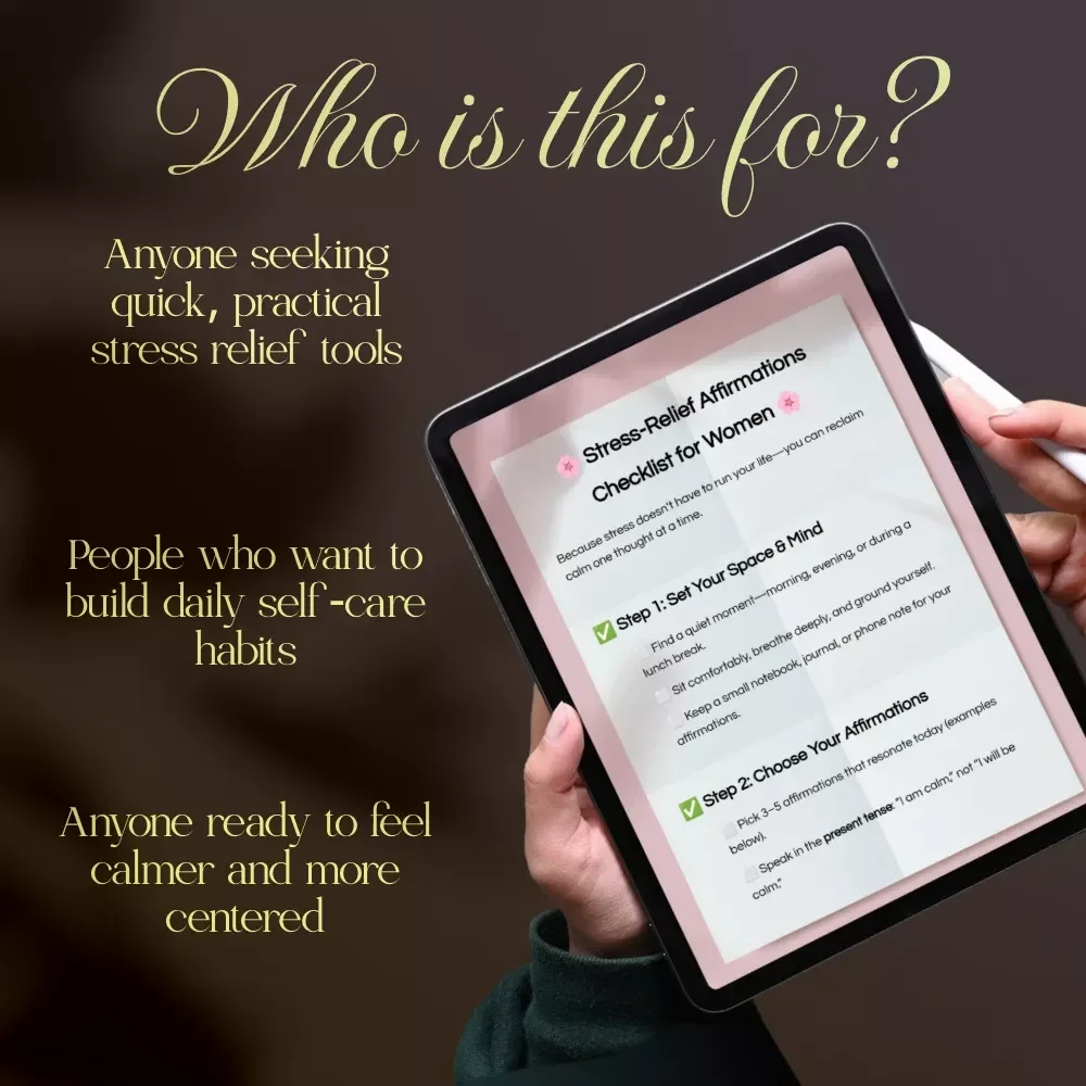 Stress-Relief Affirmations Checklist for Women | Digital Download Self-Care Guide, Positive Mindset eBook, Daily Calm & Wellness Printable