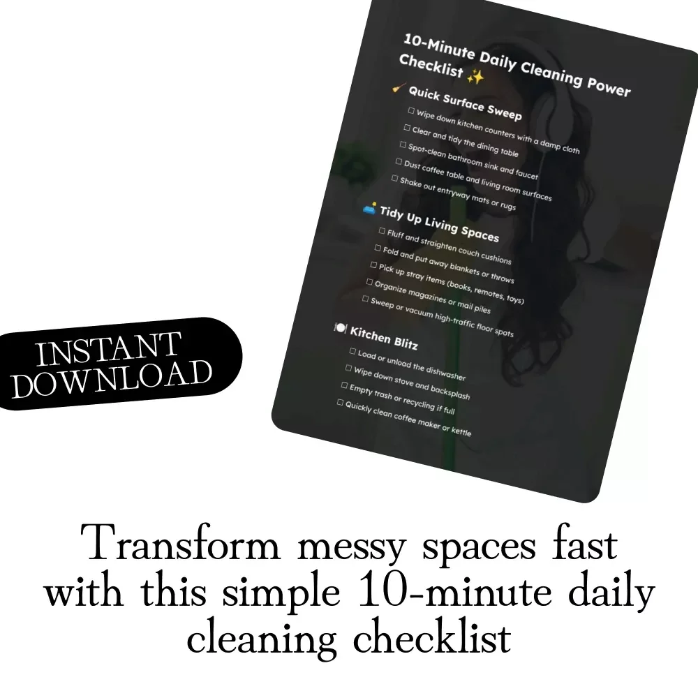 10-Minute Daily Cleaning Power Checklist | Simple 10-Minute Daily Cleaning Routines | Printable Digital Download for Quick Home Reset