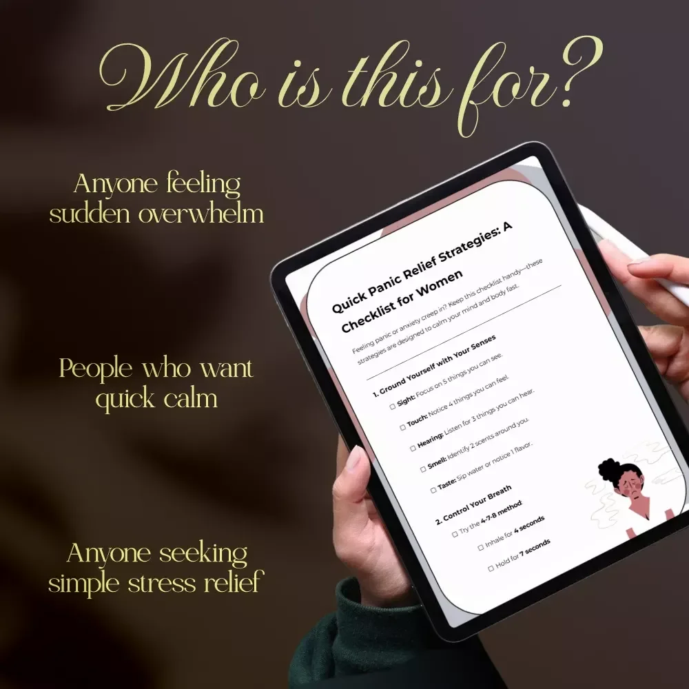 Quick Panic Relief Strategies: A Checklist for Women | Instant Download Anxiety Relief Guide, Stress Support, Digital Wellness Self-Help Tool