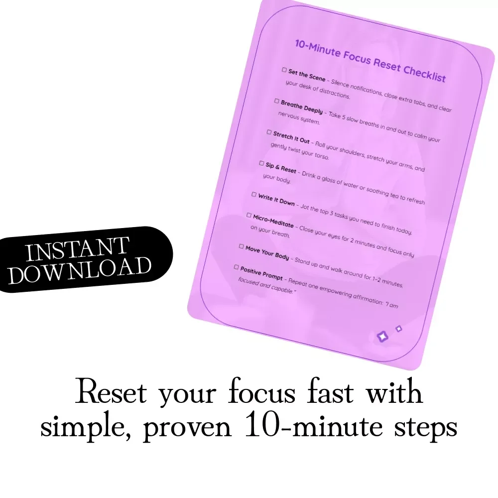 10-Minute Focus Reset Checklist | Printable Productivity Guide | Digital Download for Instant Focus & Mindfulness