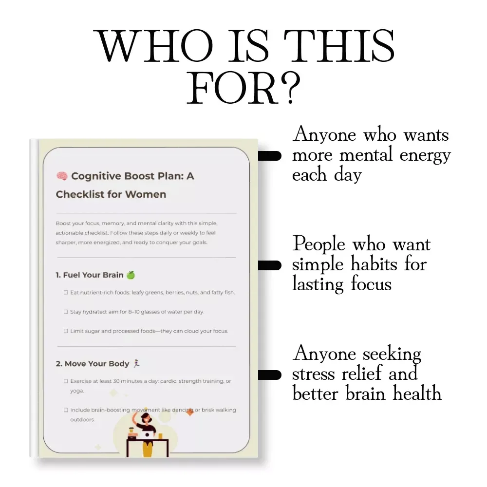 Cognitive Boost Plan: A Checklist for Women | Digital Download Guide for Focus, Memory, & Mental Clarity | Printable Self-Care eBook