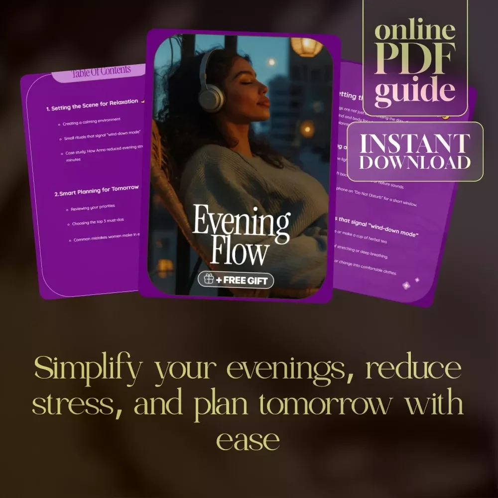 Evening Flow | Evening Planning Routine Guide for Women | Stress-Free Wind-Down & Smart Next-Day Prep | Digital Download eBook + Checklist