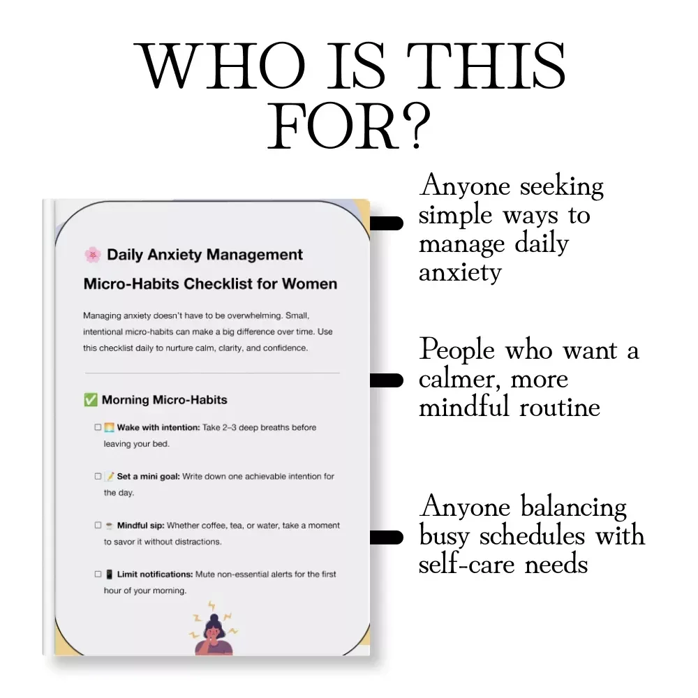 Daily Anxiety Management Micro-Habits Checklist for Women | Printable Self-Care Routine, Mental Health Support, Stress Relief Guide, Mindfulness eBook