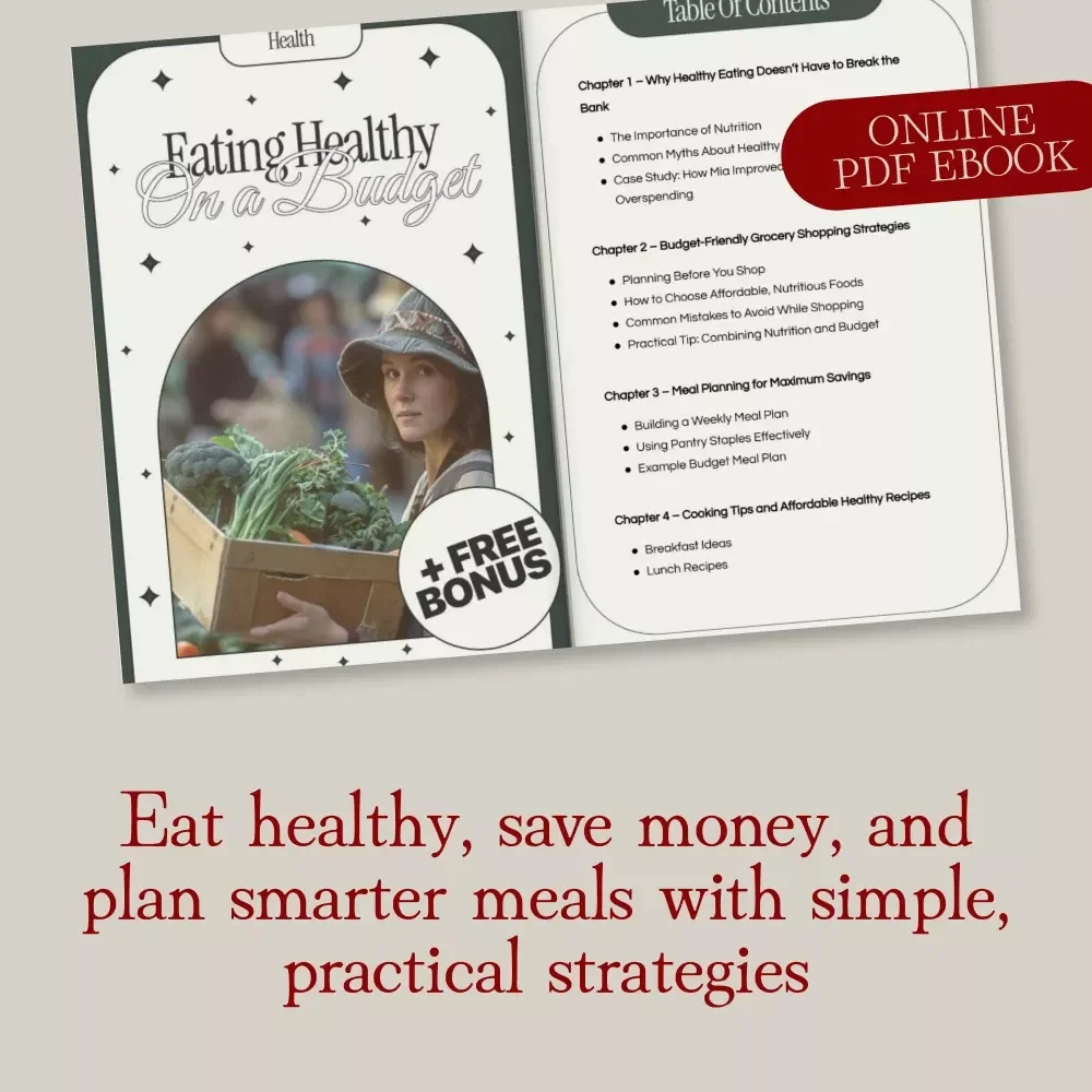 Eating Healthy on a Budget | eBook for Meal Planning, Grocery Shopping Tips, Affordable Recipes & AI Nutrition Guide