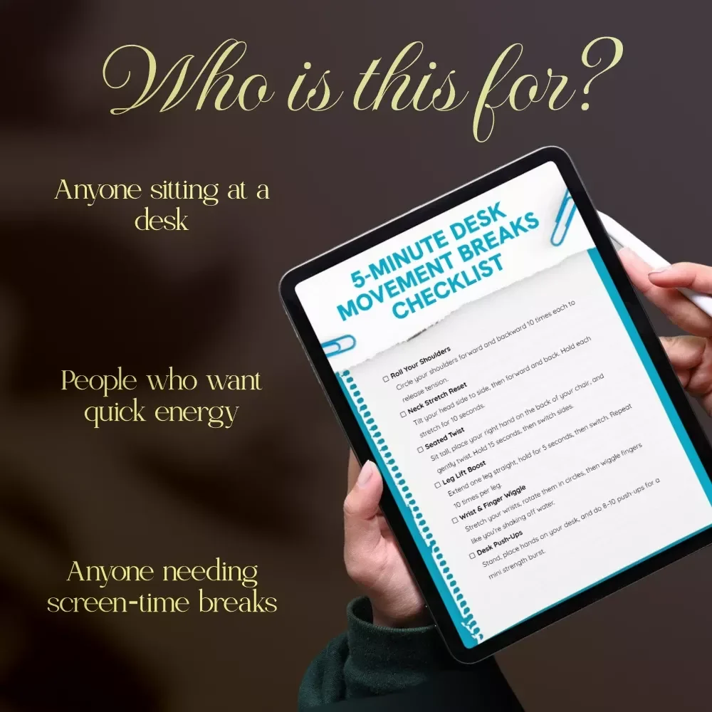 5-Minute Desk Movement Breaks Checklist | Quick Office Stretches & Wellness Routine Digital Download