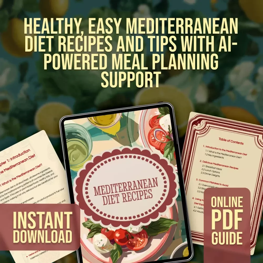 Mediterranean Diet Recipes Guide | Healthy Digital Download eBook with Meal Ideas, Easy Mediterranean Diet Recipes, Nutrition Tips & AI Meal Planning