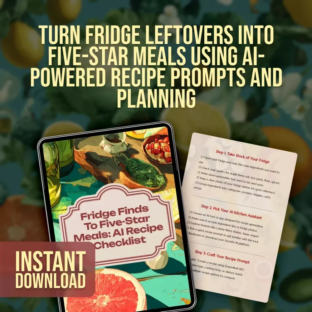 Fridge Finds to Five-Star Meals: AI Recipe Checklist | Digital Download eBook, Meal Planning Guide, Kitchen Organization, AI Cooking Tool