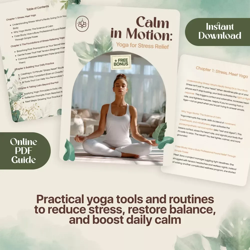 Calm in Motion: Yoga for Stress Relief | Stress-Relieving Yoga Guide, Beginner-Friendly eBook, Daily Practice Planner & Mindful Living Tips
