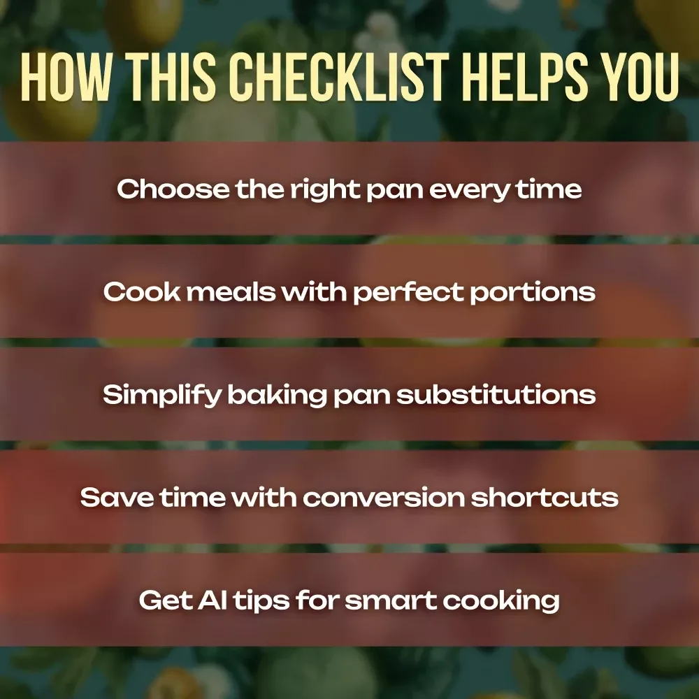 Pan Size Made Simple Checklist | Printable Pan Size Guide for Everyday Cooking, Baking & Serving Portions