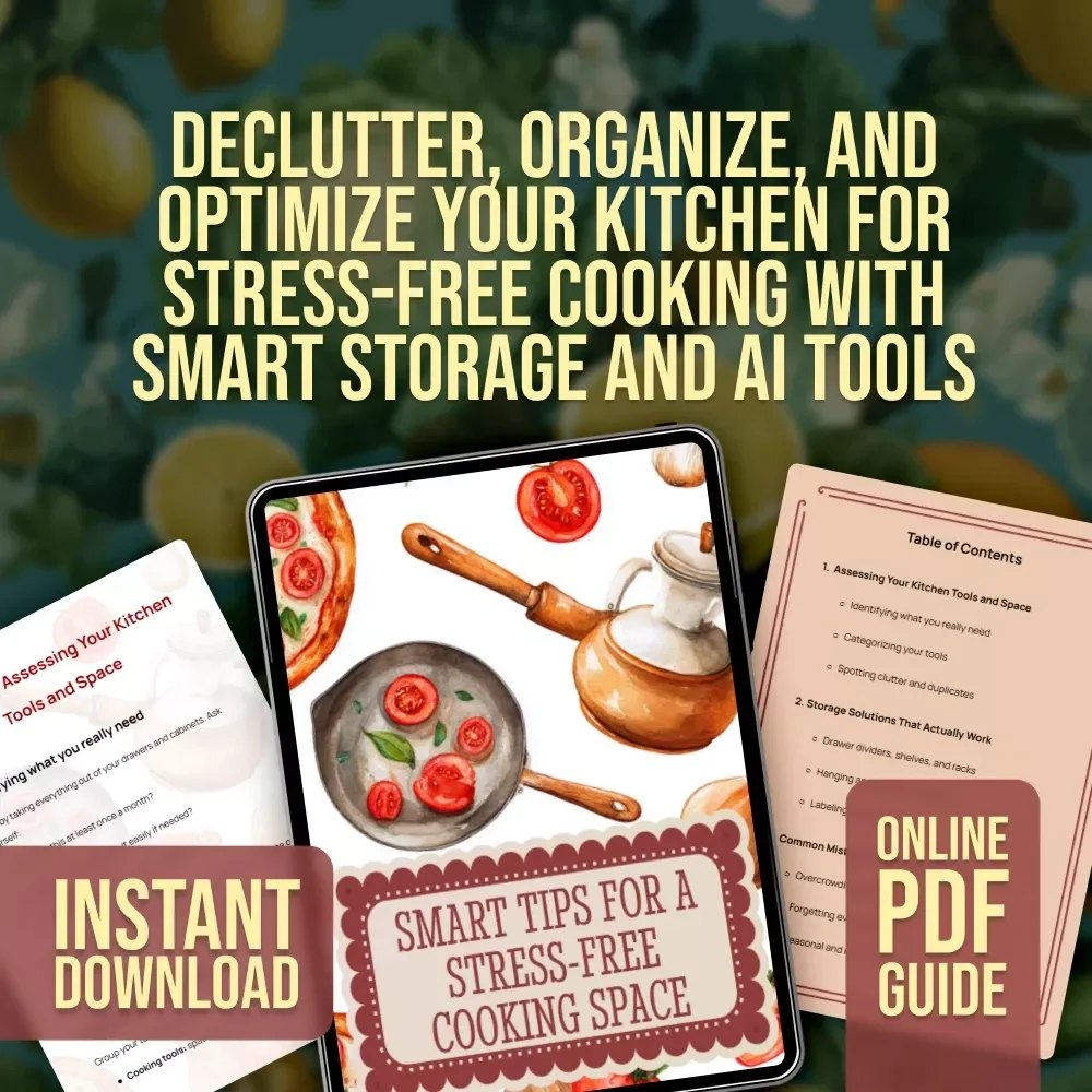 Smart Tips for a Stress-Free Cooking Space | Kitchen Organization Guide | Digital Download for Decluttering & Storage Solutions with AI Tools