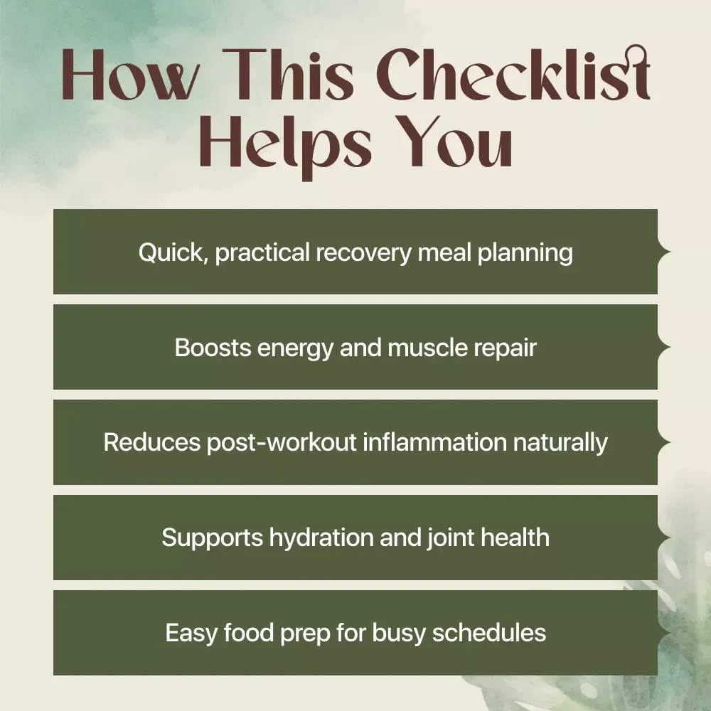 Workout Recovery Meal Checklist | Printable Digital Download for Athletes, Fitness Enthusiasts & Healthy Eating | Recovery Meals After Workouts Guide