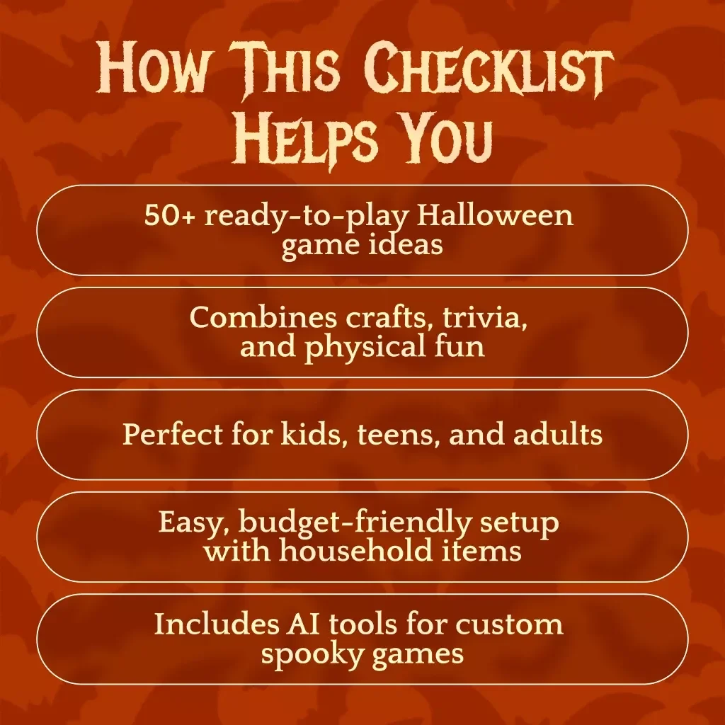 Indoor Halloween Game Ideas Checklist | Fun Party Games, Crafts, Trivia & Candy Challenges for Kids and Adults | Printable Digital Download