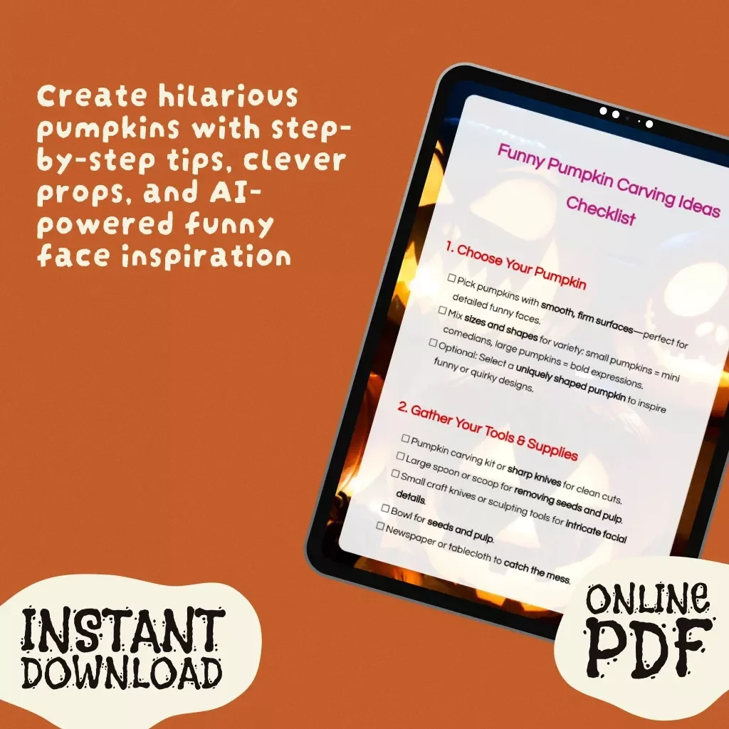 Funny Pumpkin Carving Ideas Checklist | Digital Download Halloween Guide for Funny Pumpkin Carving Faces, Tools & Display Tips