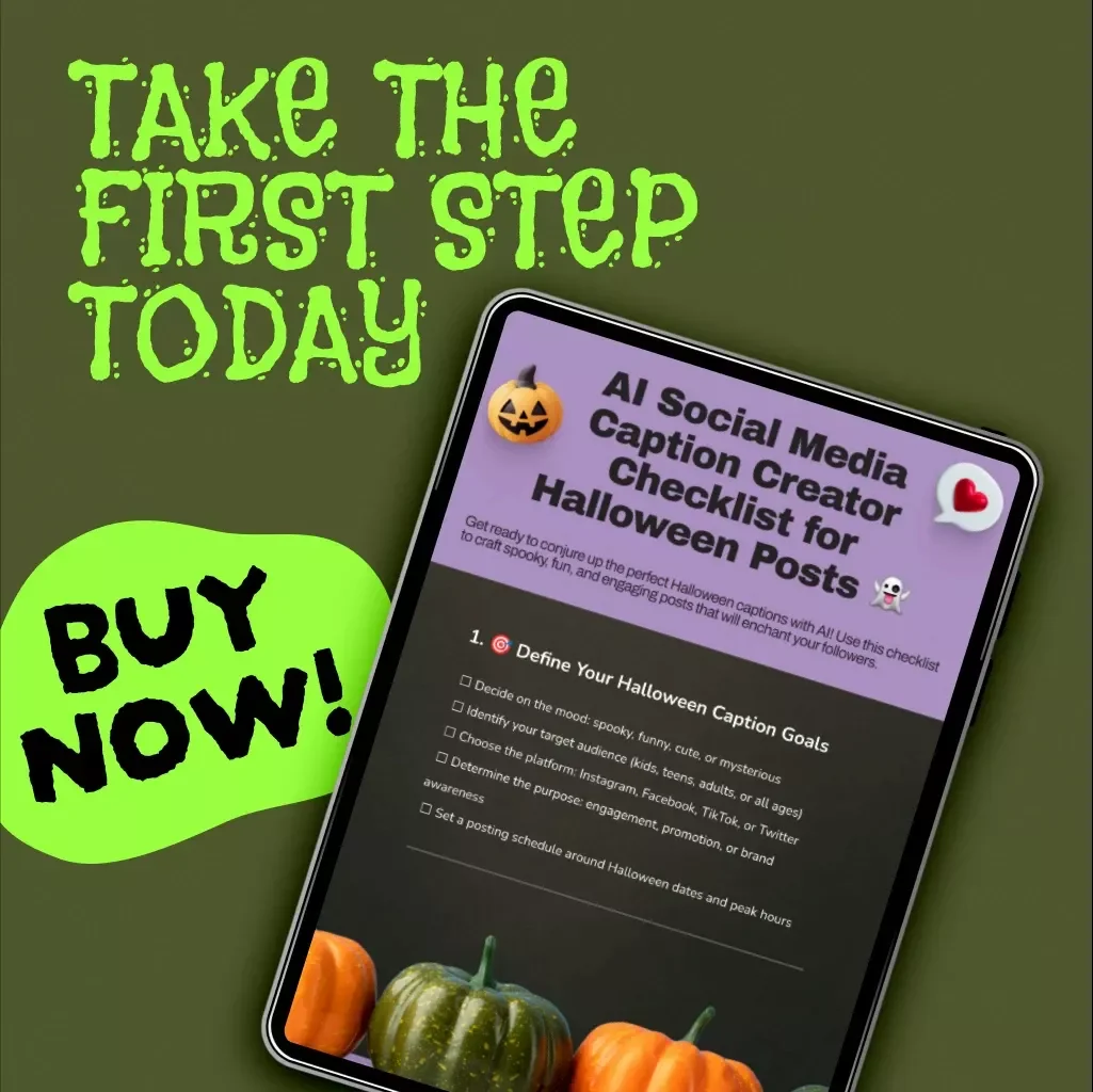 AI Social Media Caption Creator Checklist for Halloween Posts | Digital Download Guide, eBook & Marketing Tool for Instagram, TikTok, Facebook & Twitter