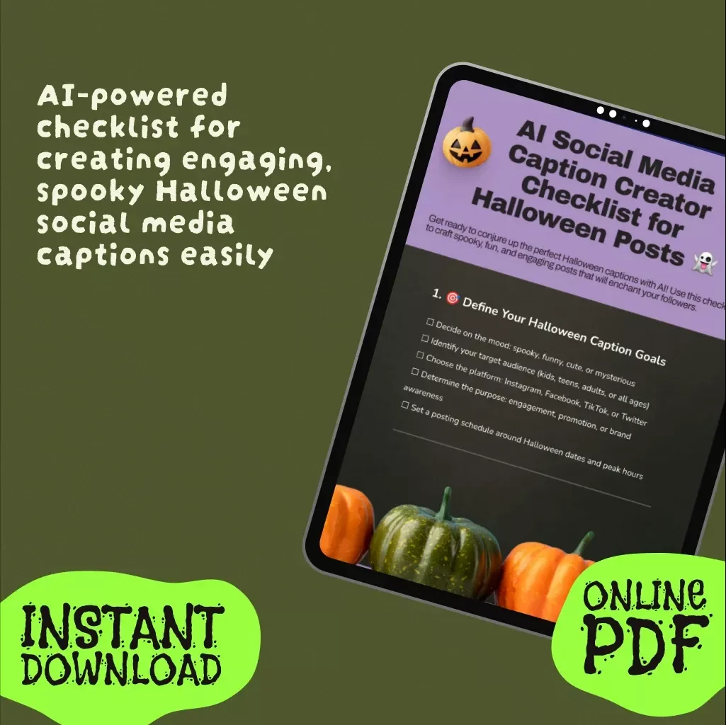 AI Social Media Caption Creator Checklist for Halloween Posts | Digital Download Guide, eBook & Marketing Tool for Instagram, TikTok, Facebook & Twitter