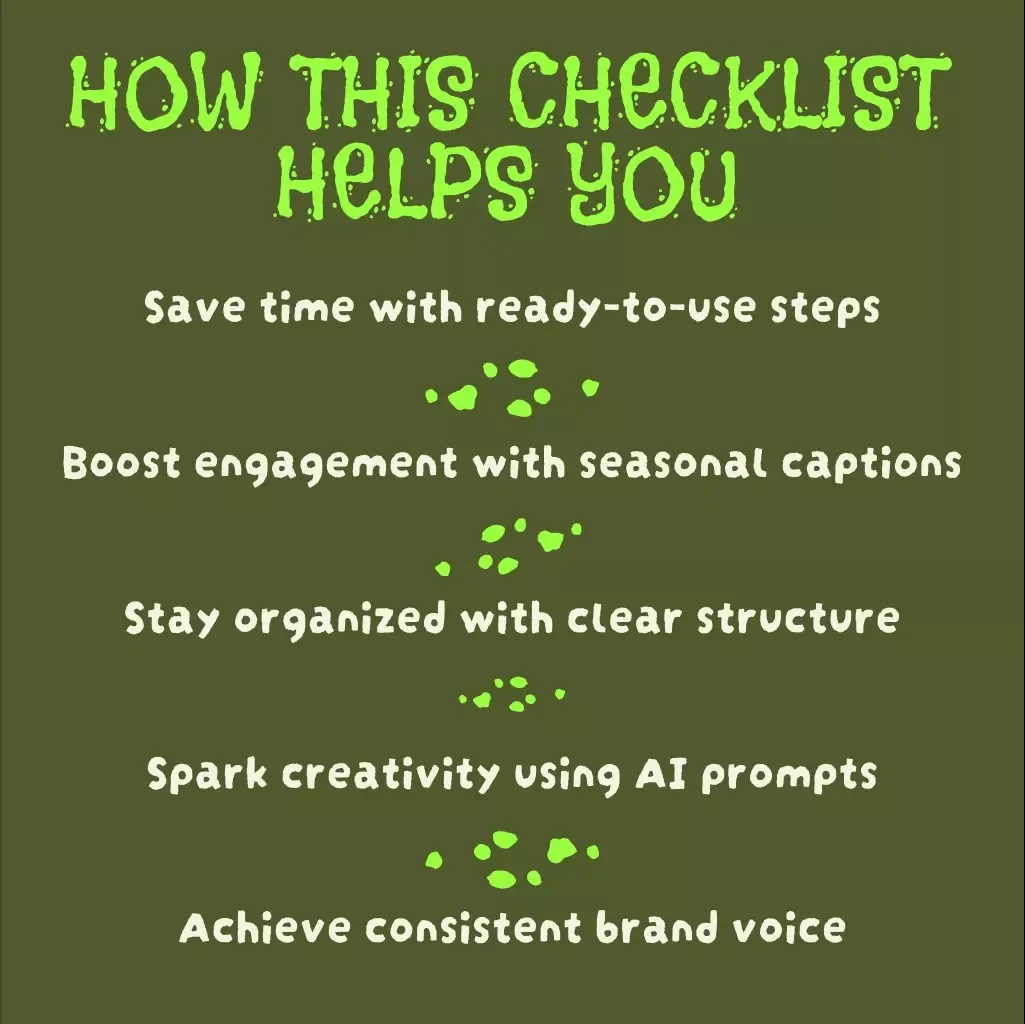 AI Social Media Caption Creator Checklist for Halloween Posts | Digital Download Guide, eBook & Marketing Tool for Instagram, TikTok, Facebook & Twitter