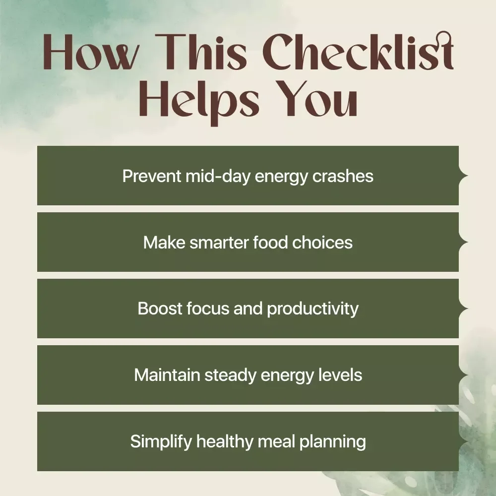 Eat Smart, Skip the Slump – Printable Checklist | How to Avoid Energy-Draining Foods & Beat Afternoon Fatigue Naturally