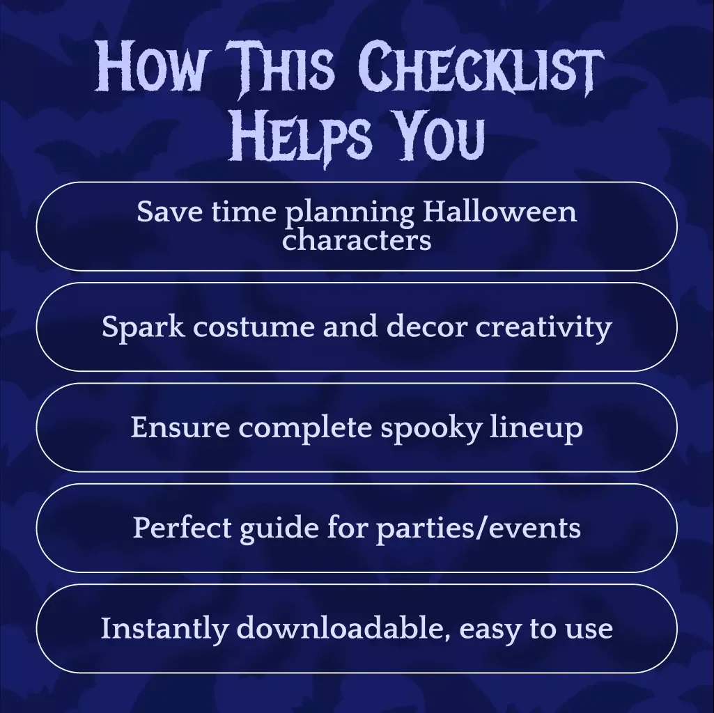 Spook-tacular Checklist: Must-Have Scary Halloween Characters | Printable Digital Download Guide for Party Planning, Costume Ideas & Haunted Decor Inspiration