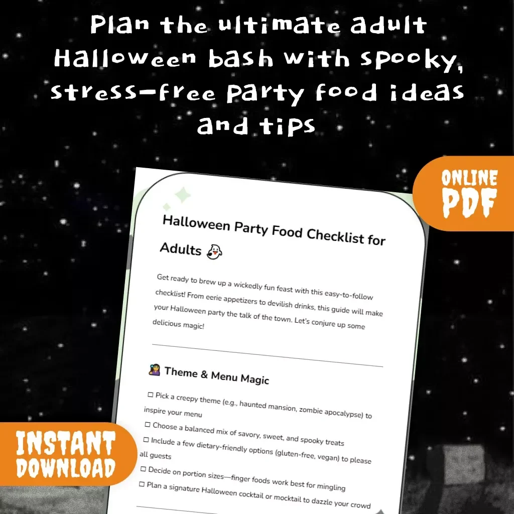 Halloween Party Food Checklist for Adults | Printable Spooky Menu Planner, Themed Treat Ideas, Cocktails & Decor Guide | Digital Download