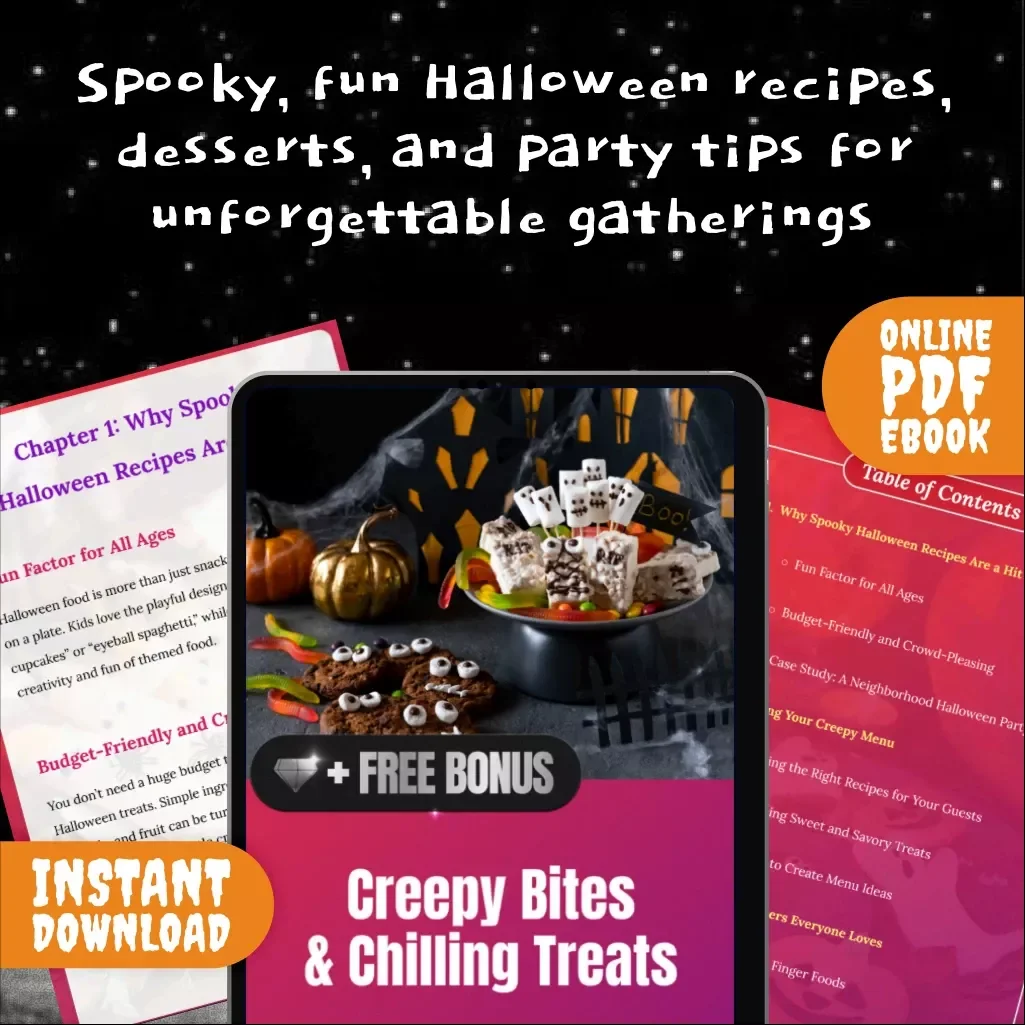 Creepy Bites & Chilling Treats eBook – Halloween Recipes, Spooky Desserts, Creepy Appetizers & Party Planning Guide for Kids and Adults