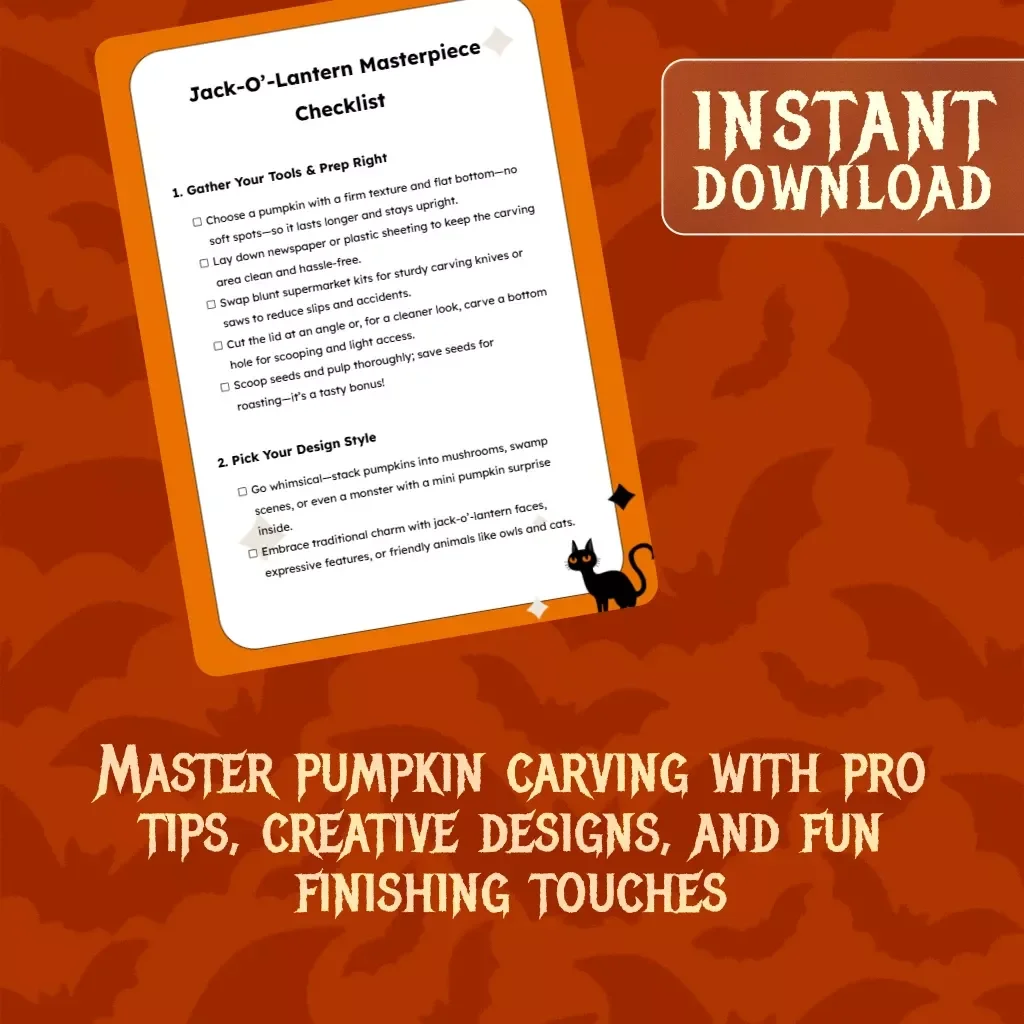 Jack-O’-Lantern Masterpiece Checklist | Cool Halloween Pumpkin Carving Ideas | Printable Digital Download Halloween Guide