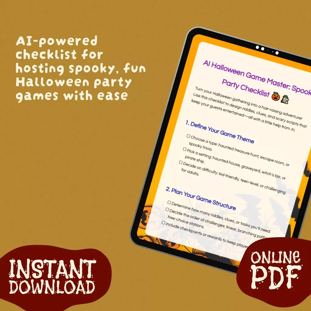 AI Halloween Game Master: Spooky Party Checklist | Digital Download Riddles, Clues & Scary Scripts for Haunted Party Games