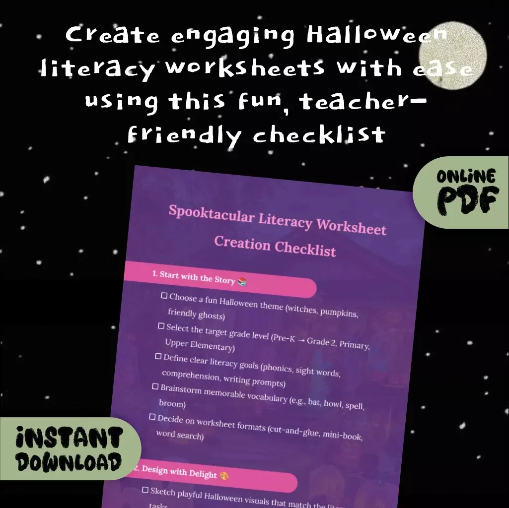 Spooktacular Literacy Worksheet Creation Checklist | Halloween eBook, Teacher Guide, Printable Planning Resource, Digital Download for Literacy Activities