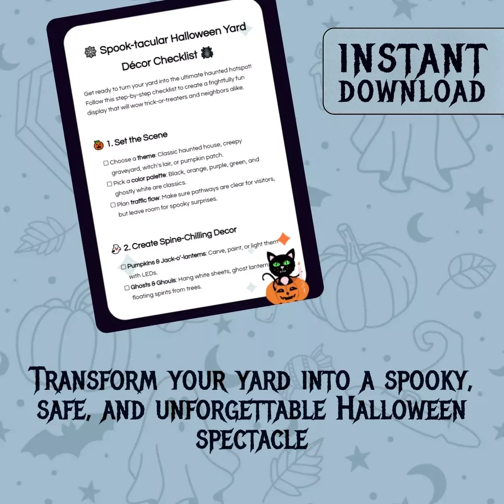 Spook-tacular Halloween Yard Décor Checklist | Digital Download Halloween Yard Decor Ideas Guide for DIY Haunted House, Graveyard, Pumpkins, Ghosts & Skeletons