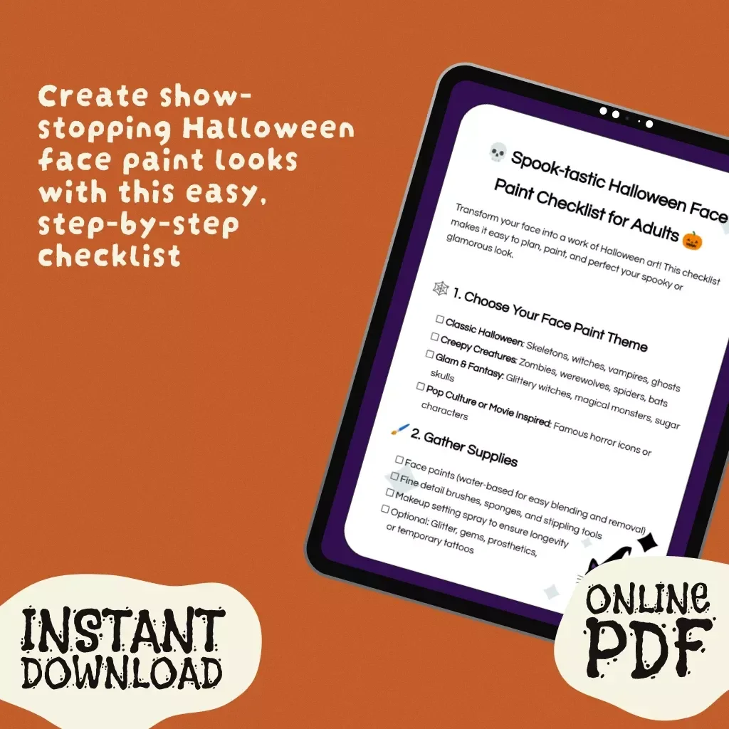 Spook-tastic Halloween Face Paint Checklist for Adults | Digital Download | Halloween Face Paint Ideas for Adults