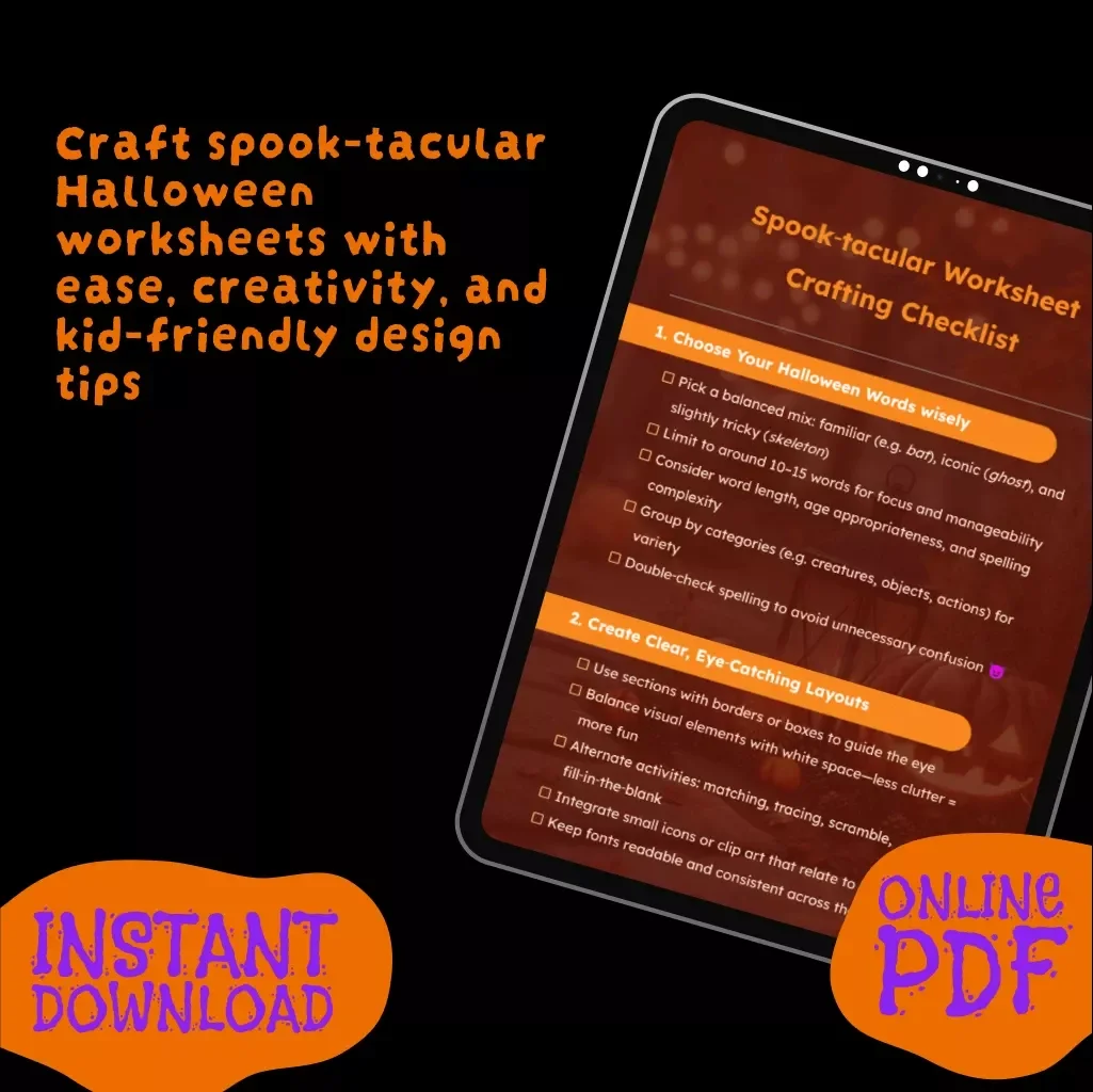 Spook-tacular Worksheet Crafting Checklist | Halloween eBook Guide for Teachers, Parents & Creators | Digital Download PDF for DIY Halloween Activities