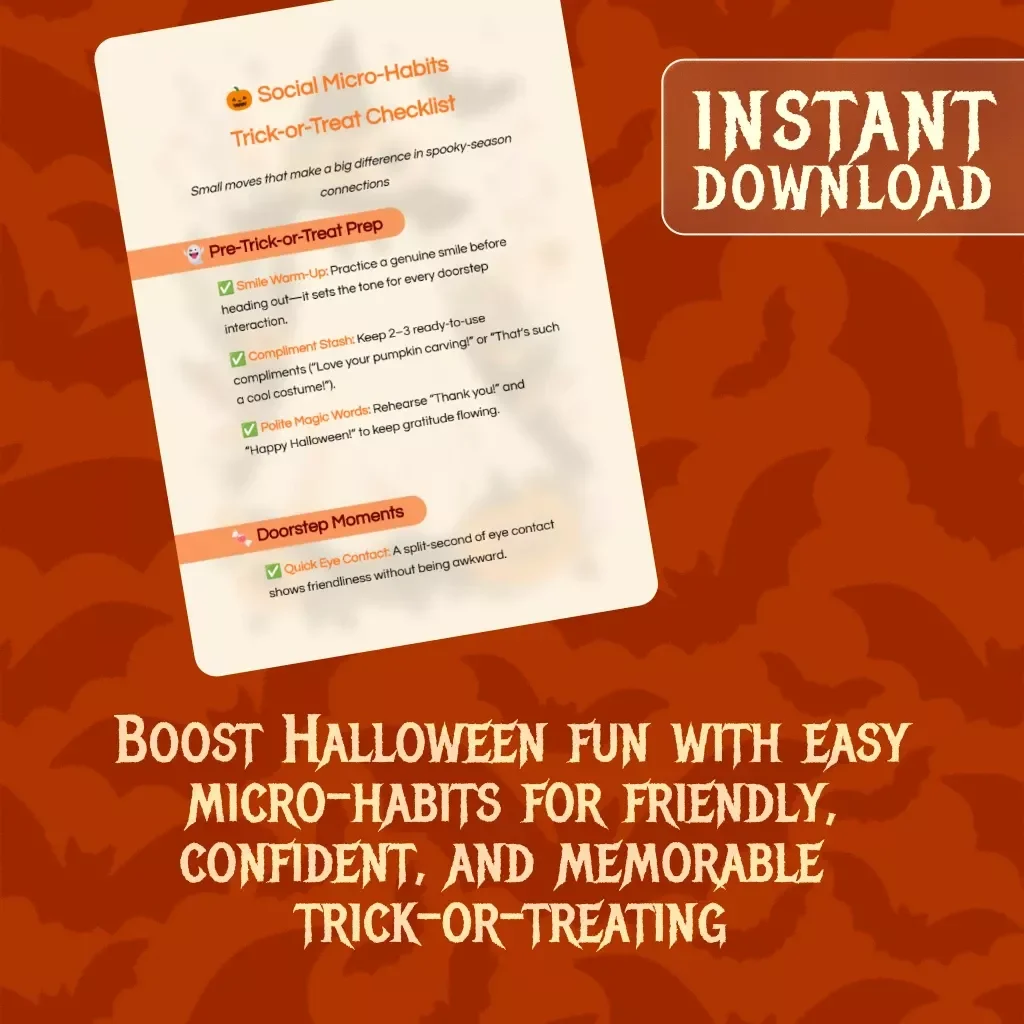 Social Micro-Habits Trick-or-Treat Checklist | Digital Halloween Social Skills Guide | Printable eBook & Checklist for Kids, Families & Hosts | Social Micro-Habits During Trick-Or-Treat