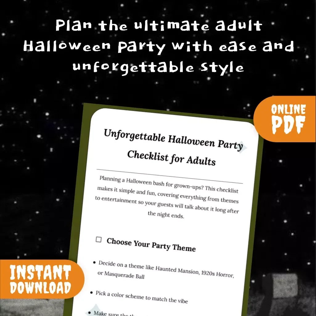 Unforgettable Halloween Party Checklist for Adults | Digital Download Guide, eBook & Printable Planner for Halloween Bash, Party Ideas, Food, Drinks, Games & Decorations