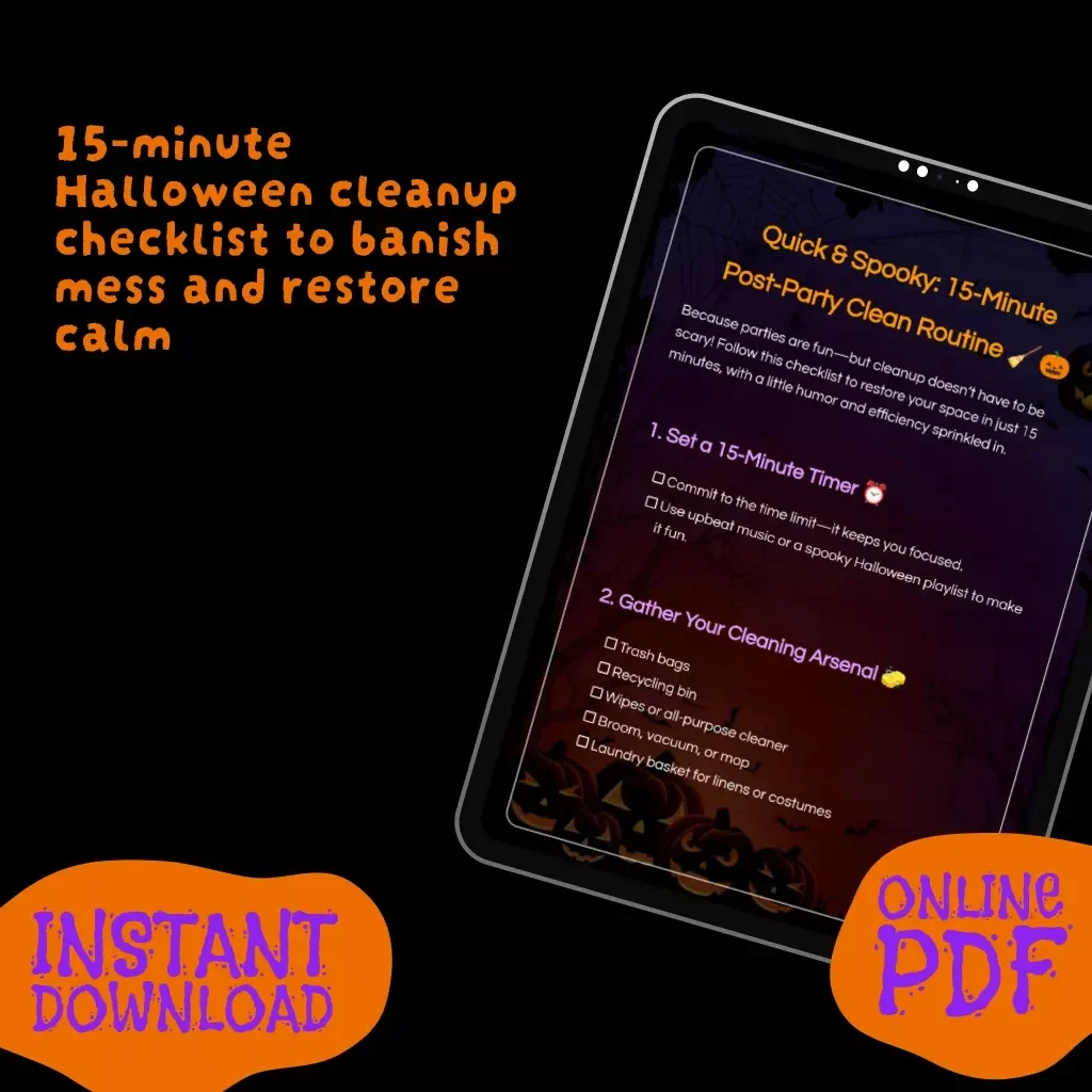 Quick & Spooky: 15-Minute Post-Party Clean Routine | Printable Halloween Cleaning Checklist | Digital Download eBook Guide