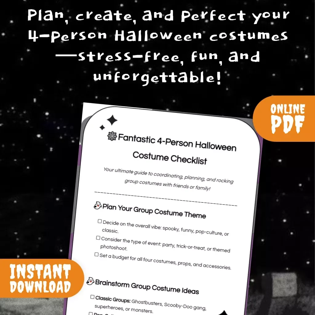 Fantastic 4-Person Halloween Costume Checklist | Digital Download Guide for Friends, Families & Groups | Fun, Spooky, and Creative 4 Person Halloween Costumes