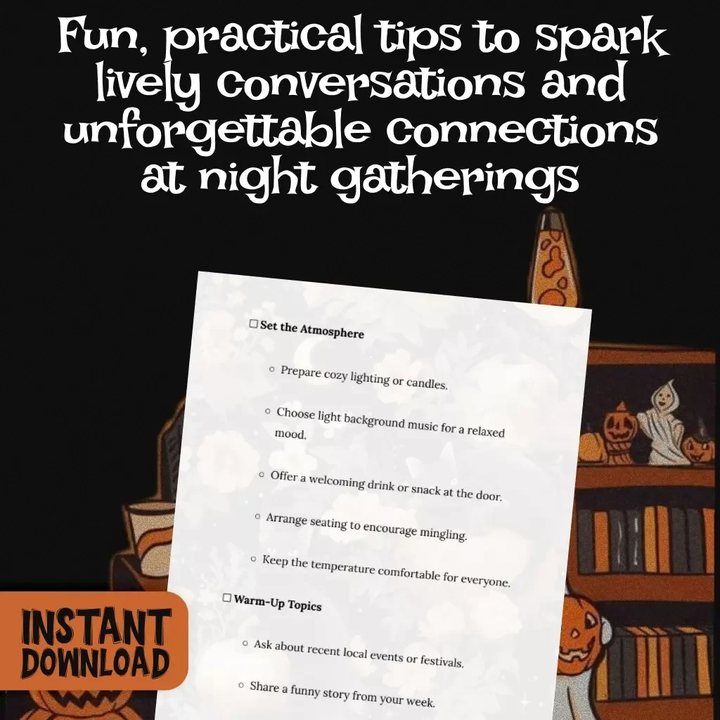 Nighttime Conversation Starter Tracker: Neighbors & Parties | Digital Checklist for Fun & Engaging Gatherings | eBook Guide for Hosting & Socializing