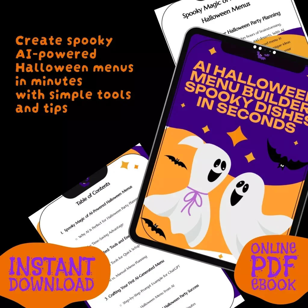 AI Halloween Menu Builder: Spooky Dishes in Seconds | Digital Download eBook Guide for Halloween Party Planning, AI Menu Ideas, Checklists & Recipes