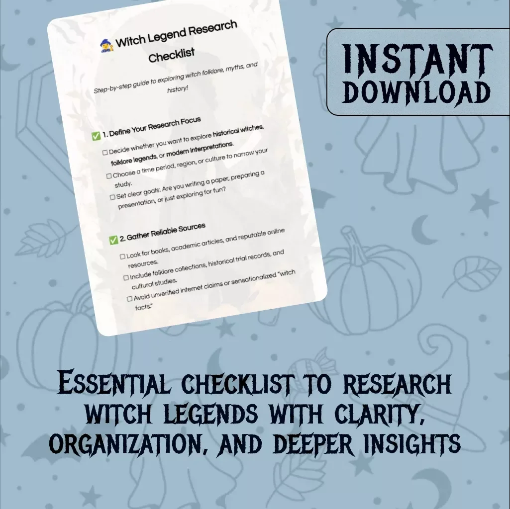 Witch Legend Research Checklist | Digital Download Guide for Witchcraft History, Folklore, and Modern Witch Studies | eBook PDF Research Tool