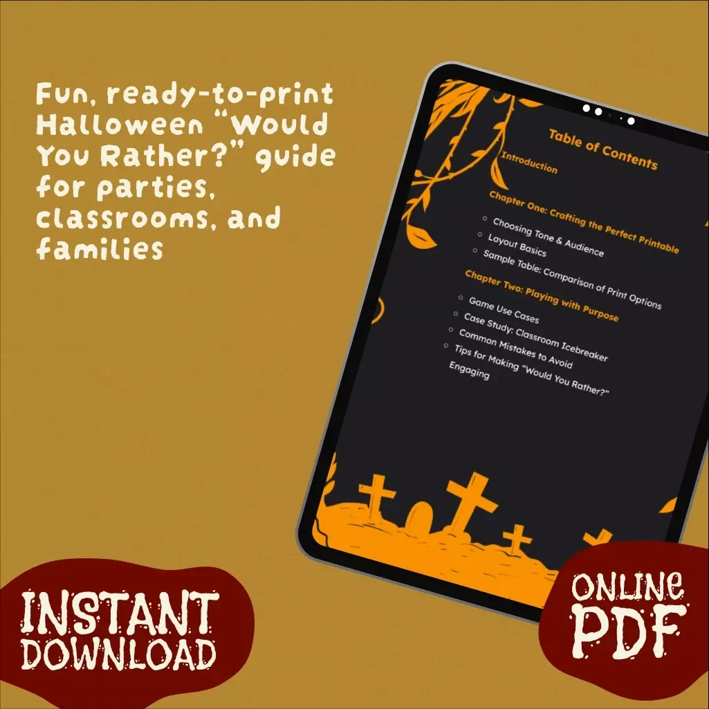 Spooky Choices That Spark Smiles | Printable Halloween “Would You Rather?” Guide | Digital Download Game eBook for Kids, Classrooms & Parties
