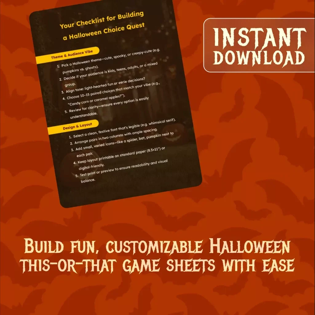 Your Checklist for Building a Halloween Choice Quest | How to Build Halloween This-or-That Game Sheet | Printable Party Game Guide & eBook Download