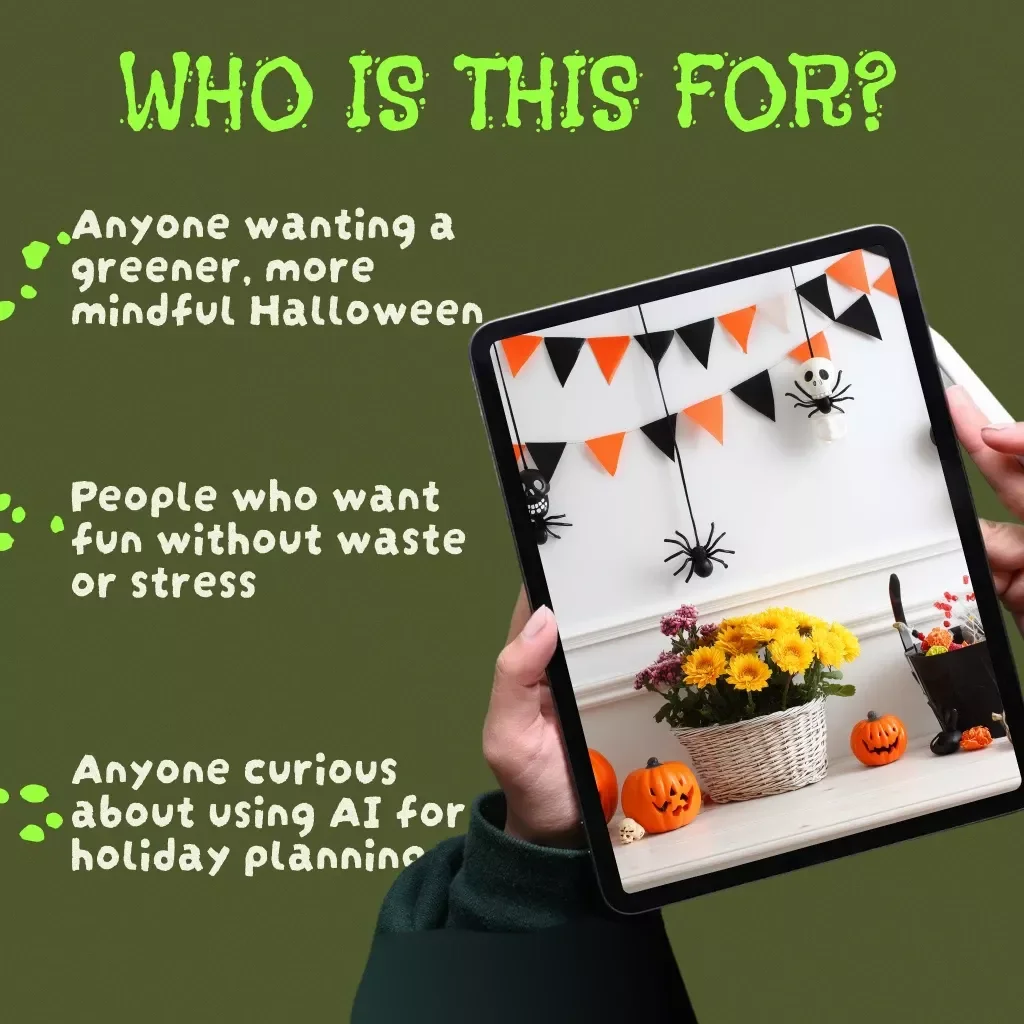 Eco-Friendly Halloween Planner | Digital Download Guide for a Sustainable Holiday with DIY Decorations, Zero-Waste Ideas, AI Costume Prompts & Thrifted Inspiration