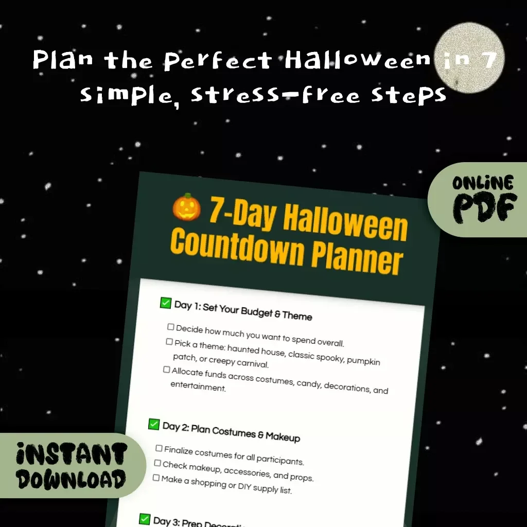 7-Day Halloween Countdown Planner | Digital Download Checklist | Halloween Party Prep, Costumes, Décor & Safety Guide