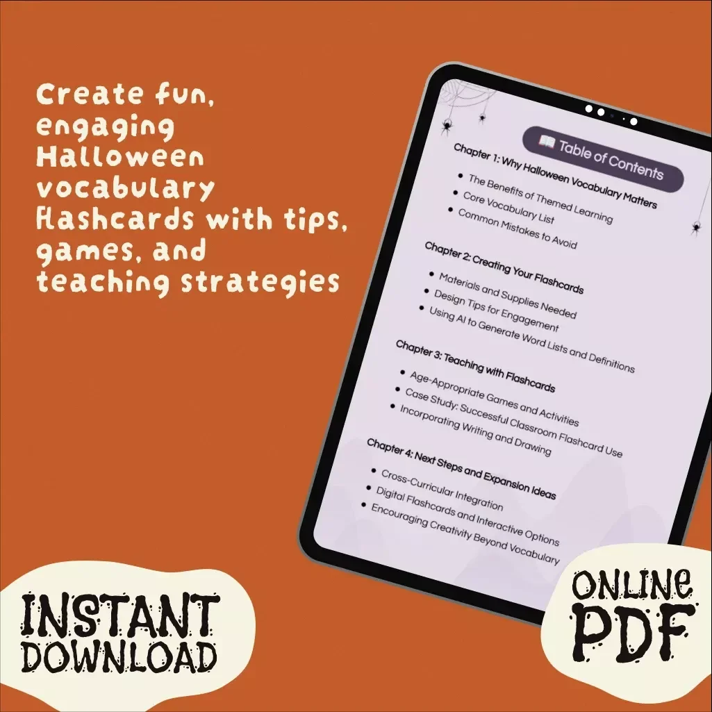 Halloween Vocabulary Flashcards Guide | Printable Digital Download | Educational eBook for Teachers, Parents & ESL Learners
