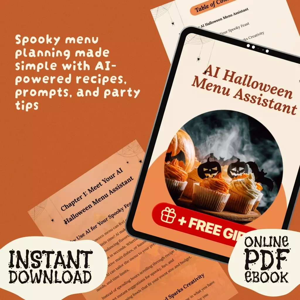 AI Halloween Menu Assistant | Digital eBook Guide for Spooky Party Planning, Creative Recipe Ideas, Stress-Free Menu Prep, and Time-Saving Tips