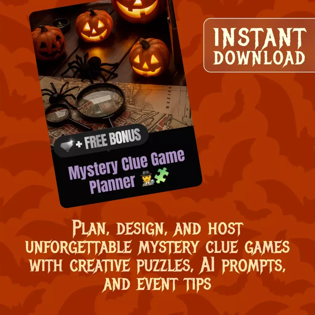 Mystery Clue Game Planner 🕵️‍♂️🧩 | Printable Guide for Hosting Mystery Games, Creating Clues & Puzzles, and Using AI for Game Design