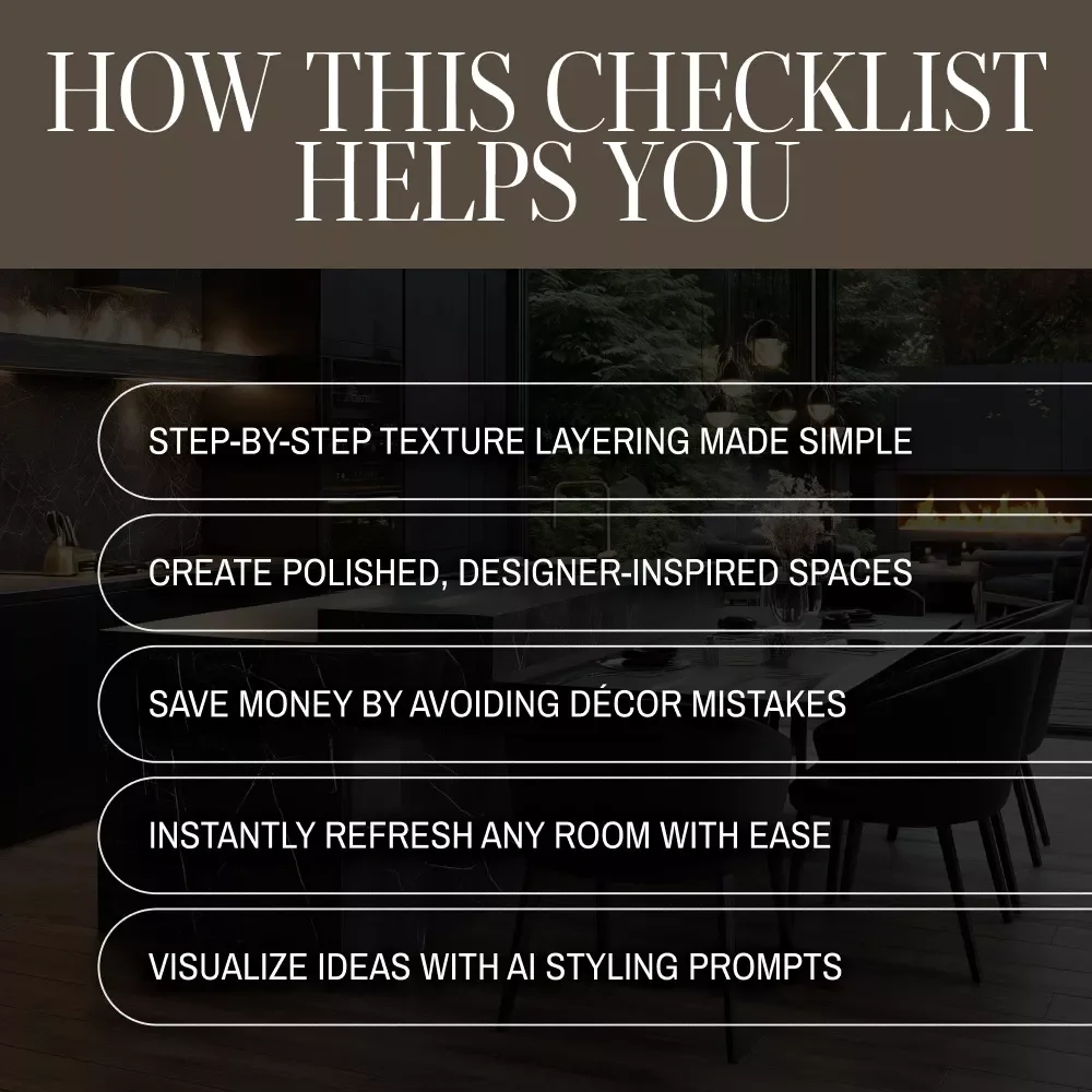 Bold Texture Layering in Decor Checklist | Digital Download Home Styling Guide for Interior Design, Room Makeover & Modern Decorating Ideas