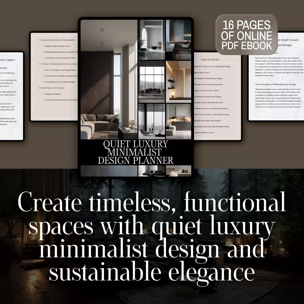 Quiet Luxury Minimalist Design Planner | eBook | Digital Download Guide for Interior Design, Timeless Minimalist Decor, AI Design Tools, and Sustainable Living