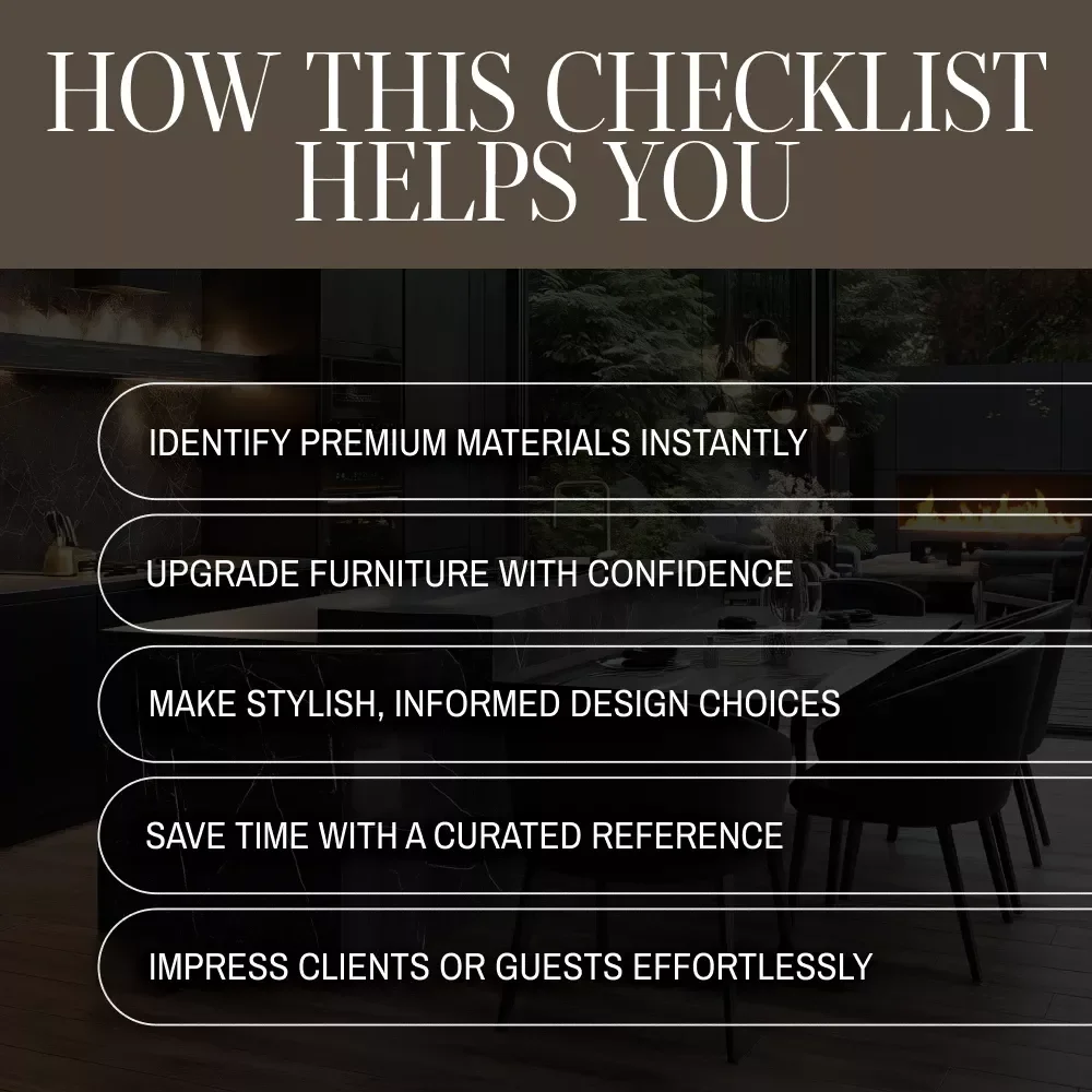 Luxurious Materials for Furniture Checklist | Interior Design Guide | High-End Home Decor Digital Download