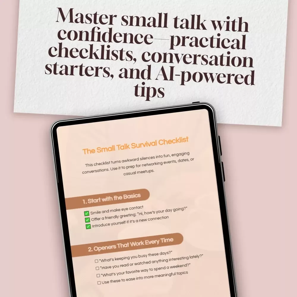 The Small Talk Survival Checklist | Digital Download Guide with Small Talk Questions, Conversation Starters & Social Skills Tips (eBook/Printable)