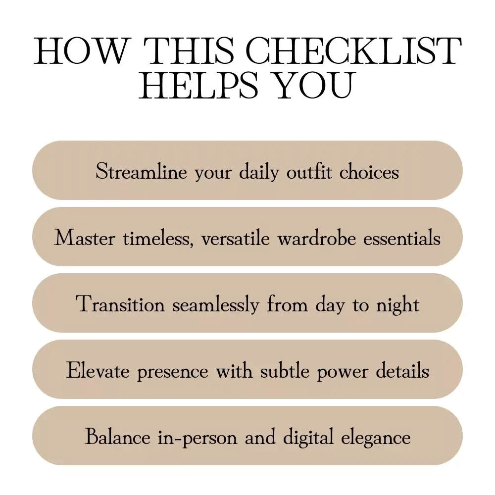 Everyday Power Style | Everyday Elegance Checklist: Subtle Power Looks | Digital Download Wardrobe & Style Guide, eBook, Capsule Wardrobe Checklist
