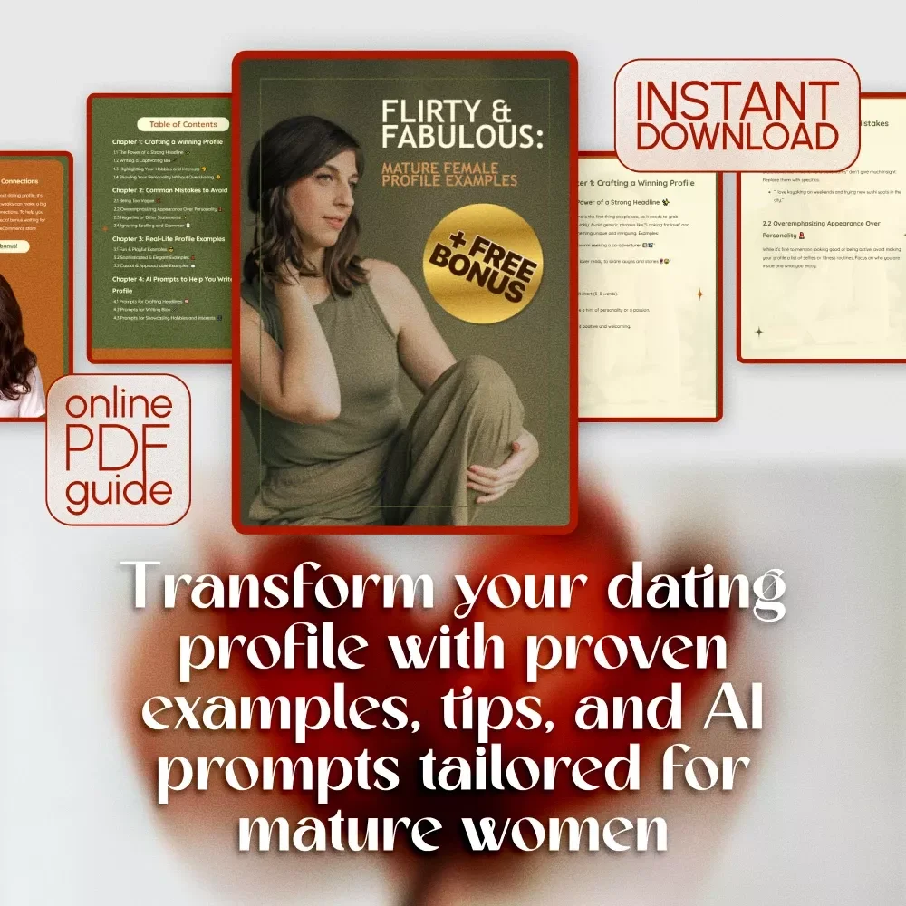 Flirty & Fabulous: Mature Female Profile Examples | Digital Guide for Women Over 40 | Dating Profile Bio Tips, Checklists & Real-Life Examples